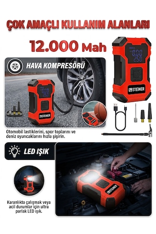 Steiner 12.000 Mah Dijital Ekranlı Kablosuz Lastik Hava Pompası Şarjlı Hava Kompresörü Powerbank Led Işık Kırmızı