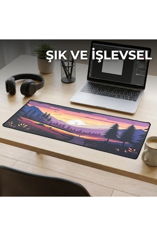 Büyük Oyuncu Mouse Pad 300x700 Mm, Günbatımı Temalı Mikro Kumaş Yüzeyli Desenli Mousepad, Kaymaz Kauçuk Tabanl