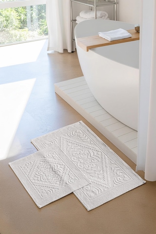 Soley Violeta 2'li Banyo Paspas Seti Kaymaz Taban %100 Pamuk 60x100 - 50x60 Cm Beyaz