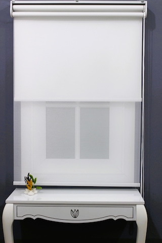 Çift Mekanizmalı Çizgili Tül & Mat Beyaz Stor Perde % 80 Işıgı Ke