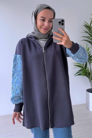 Ka Hijab Kolları Kot Detaylı Triko Hırka - Füme Füme
