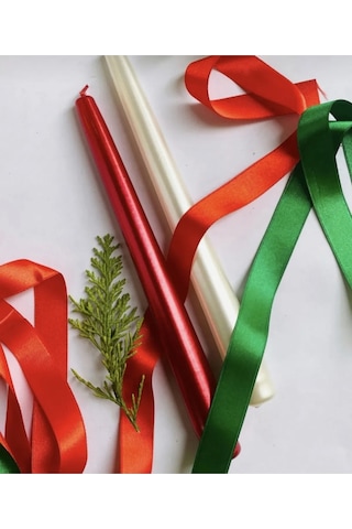 Denic 2 li Metalik Kırmızı ve İnci Beyaz  Şamdan Mum  Konik Mum