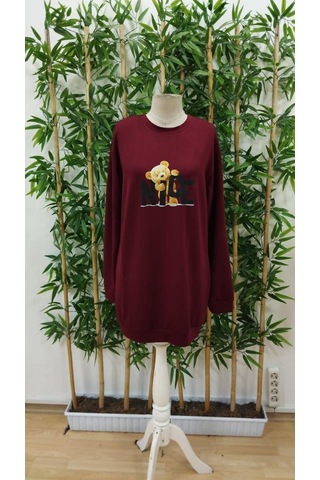 Kadın Uzun Kollu Bisiklet Yaka Ayı Desenli Viskon Iki Iplik Elbise Bordo