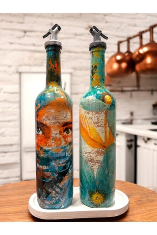 El Yapımı Soyut Kadın Portresi Ve Çiçek Motifli Vintage Yağdanlık Set, Mutfak Sosluk, Sirkelik Yeşil