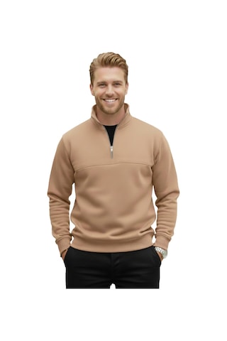 Deepsea Erkek Camel Relax Fit İçi Polarlı %100 Pamuk Yarım Fermuarlı Dik Yaka Sweatshirt 2600760 Camel