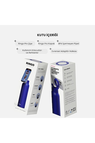 Ringo Pro Manyetik Telefon Tutuculu Termal Paslanmaz Çelik Su Şişesi Pipetli Kapak 24 Oz / 710 Ml Mavi