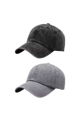 Tezzgelsin Unisex Eskitme Vintage Pamuklu Ayarlanabilir Beyzbol Kep Şapka 2'li Set Siyah - Gri