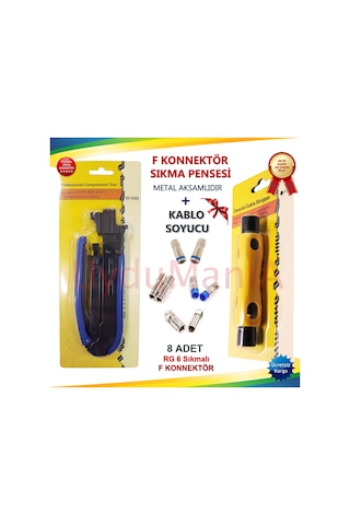 Sıkma Pensesi + Kablo Soyucu + 8 Adet Sıkmalı F Konnektör