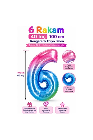 Folyo Rakam Balon 6 Rengarenk 40 İnç 100 Cm Doğum Günü Yaş Parti Kutlama Süsleme Dekor Balonu Çok Renkli