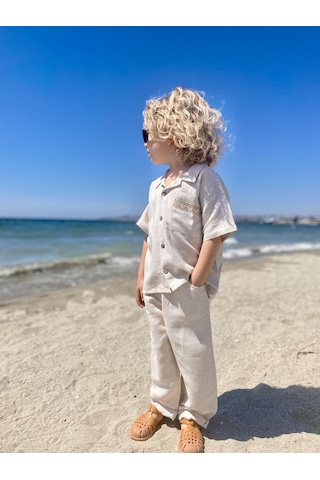 Cebi Nakışlı Gömlek Pantolon Keten Erkek Çocuk Takım Natural