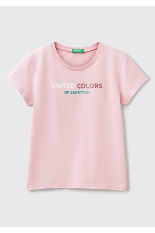 Kız Çocuk Pembe Simli Logo Baskılı T-shirt Pembe