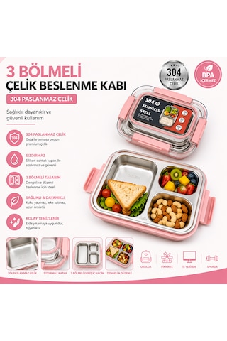 Muzeko Staınless Stell 3 Bölmeli Paslanmaz Çelik Yemek Kabı Sızdırmaz Kapaklı, Taşınabilir Beslenme Kabı Pembe 886 800ml Açık Pembe