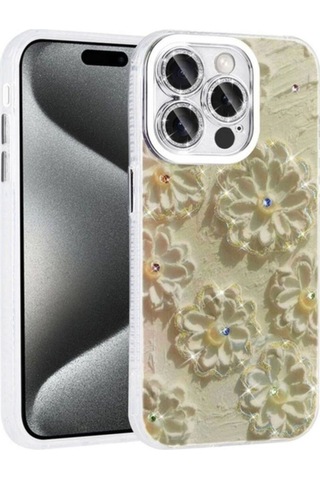 Apple Uyumlu iPhone 15 Pro Max Kılıf Çiçek Desenli Parlak Taşlı Sert Silikon Zore Garden Kapak Beyaz