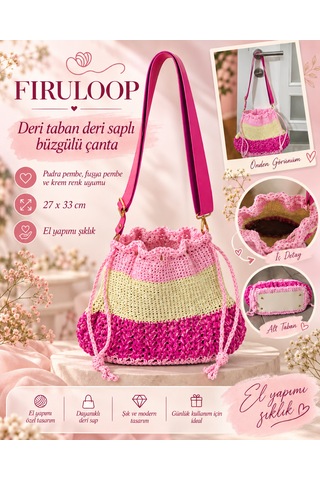 Firuloop Deri Tabanlı, Deri Saplı Pudra Pembe Fuşya Krem El Yapımı Büzgülü Çanta