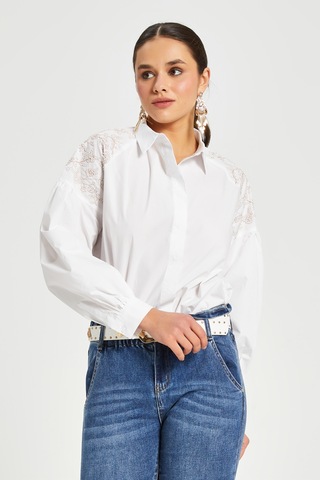 Kadın Nakış Detaylı Pamuk Gömlek Düğmeli, Uzun Kollu, %100 Cotton Beyaz
