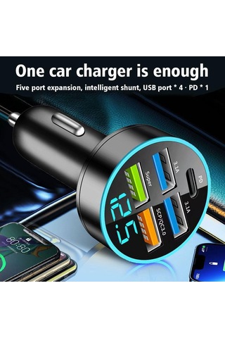 5 Portlu Süper Hızlı Usb Araç Şarj Cihazı 14 Pro Max 13 Oneplus 250w Siyah-cn