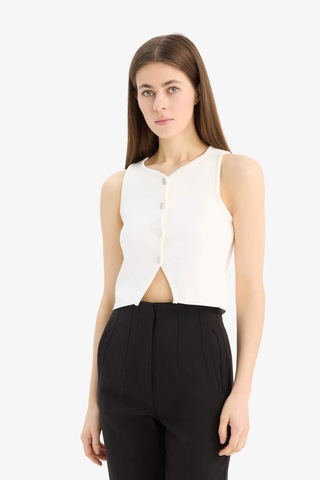 DeFacto Regular Fit Bisiklet Yaka Düğmeli Beyaz Triko Yelek E0990AX25SMWT34 Beyaz