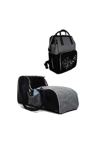 U.S.F Fonksiyonel Bebek Bakım Sırt Çantası + Portbebe Ana Kucağı Puset Kuş Desenli Koyu Gri - Siyah