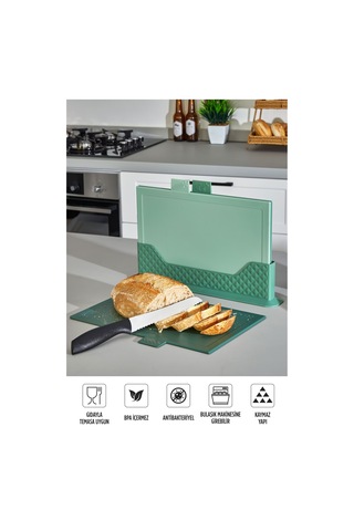 4'lü Tezgah Üstü Yatay Standlı Kesme Tahtası - Çoklu Doğrama Tahtası Ekmek Sebze Et Kesim Panosu Yeşil