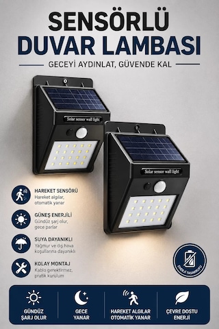 Northcity Güneşli 20 Led'li Hareket Sensörlü Duvar Lambası - Akıllı Ve Otomatik Bahçe Işığı Siyah