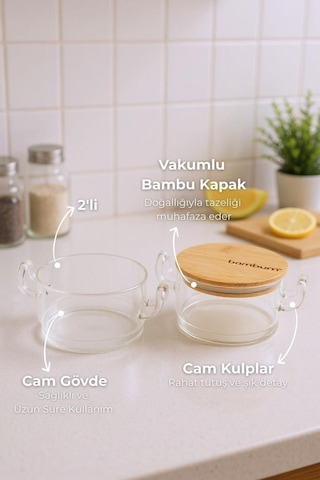 Bambum Modena - 2'li Bambu Kapaklı Cam Saklama Kabı Şeffaf