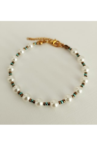 B215 İnci Boncuklu Bileklik Altın - Beyaz