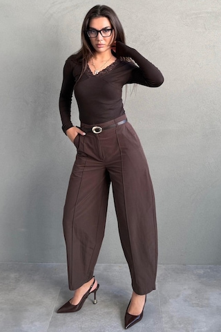 Madmext Kahverengi Modern Kesim Kemerli Yüksek Bel Bol Paça Kumaş Pantolon Mg2618 Kahverengi
