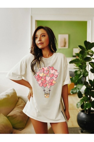 Kadın Beyaz Oversize Hearth Baskılı T-shirt Beyaz-66823
