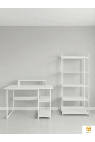 Vien 2 Set Kitaplıklı Masa Raflı Çalışma Masası 5 Raflı Kitaplık Monitör Yükseltici Beyaz - Beyaz