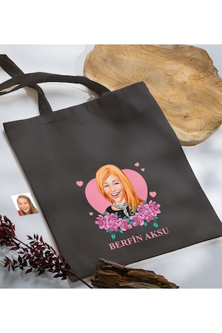 Bk Gift Kişiye Özel Anneler Günü Karikatürlü Antrasit Kumaş Bez Çanta, Baskılı Omuz Çantası, Alışveriş Çantası, Anneye Hediye-2 Antrasit