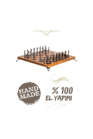 Mc33 - Metal Satranç Takımı Çin Antik Figürlü Metal Taşlar Gerçek Kayın Tahtası - Hediyelik Satran