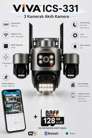 Ics-331 3 Kameralı Akıllı Dış Mekan Ptz Wifi Güvenlik Kamerası 3mp, Icsee, Aı İnsan Takip, Çift Yönlü Ses + 128 Gb Hafıza Kartı Dahil