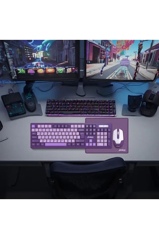 Mor & Pembe Klavye + Mouse + Mousepad Seti - Masaüstü Klavye Mouse Seti 2.4 Ghz Diğer