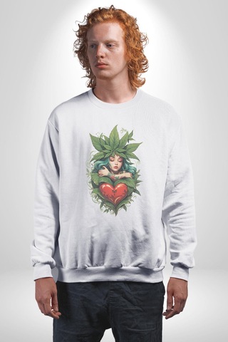 Kalp Parmak Kız Yeşillik Mutluluk Unisex Beyaz Baskılı Sweatshirt Beyaz