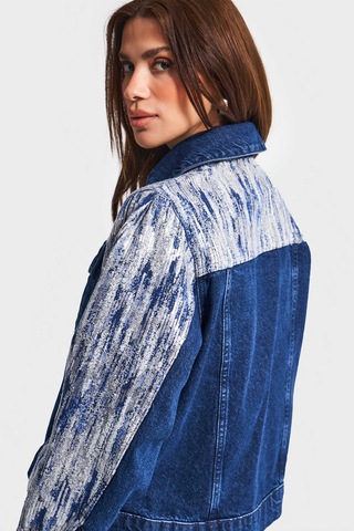 Kadın Mavi Renk 1w5-4 Oversize Pullu Özel Kumaş %100 Koton Tasarım Denim Ceket