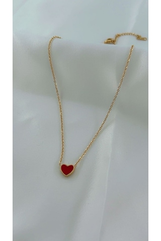 Kadın Özel İki Renkli Siyah Kırmızı Kalpli Çelik Kolye Altın