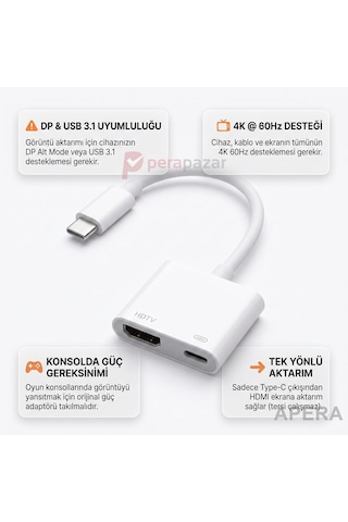 Type-c To Hdmı Görüntü Aktarım Adaptörü 4k 60hz Pd 100w Şarj Destekli Usb 3.1 Dp Uyumlu Tv Monitör Projeksiyon Çevirici Cr93