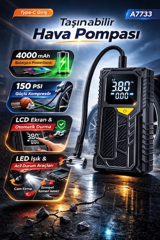 Taşınabilir Hava Pompası 150 Psı Kablosuz Kompresör 4000 Mah Powerbank Led Işıklı Oto Pompası