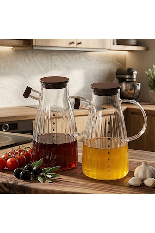 Porsima Lm-0053 Alvera Kapaklı Borosilikat Cam 2li Yağlık Sirkelik Yağdanlık Seti 1000ml Şeffaf