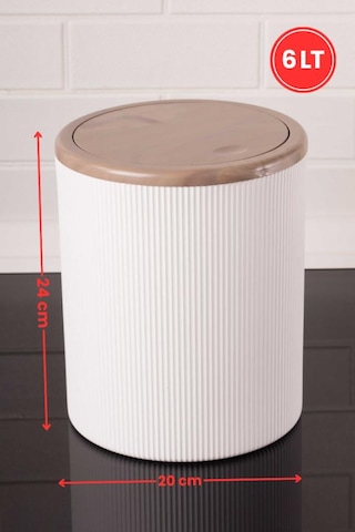 Mermer Desenli Sallanır Kapak Yuvarlak Banyo Çöp Kovası 6 Lt, Mutfak Tezgah Üstü Çöp Kovası Beyaz