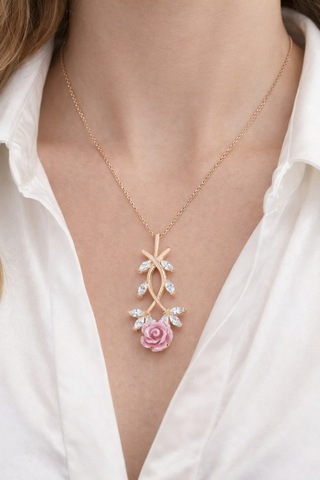 Çekirdekjewelry 925 Ayar Gümüş Pembe Güllü Kolye Rose