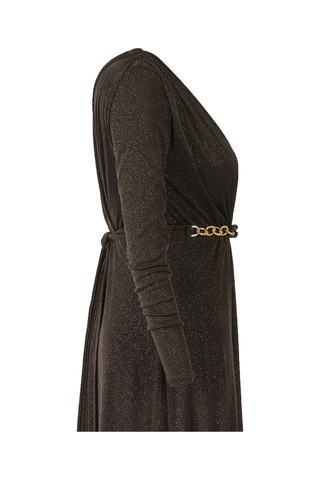 Explosion Maxi Abiye Elbise: Uzun Kol, V Yaka, Şık Kemer Detayı Siyah