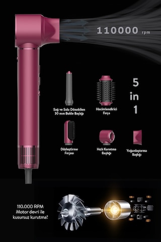Pro Compact Uzun Multi-styler Hava Üfleme 5in1 Saç Şekillendirici Bldc Shd-1729 Royal Gilded Red Bordo