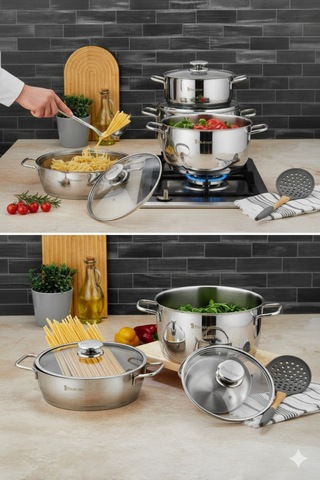 Polochef Vistal 18/10 Paslanmaz Çelik 8 Parça Derin Ve Pilav Tencere Seti 16-20-24 Cm-24cm Gümüş