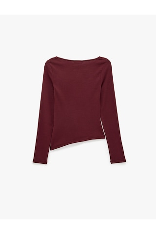 Koton Pamuklu Asimetrik Kayık Yaka Kolsuz Slim Fit Uzun Kollu Tişört Bordo 7wal10143ık
