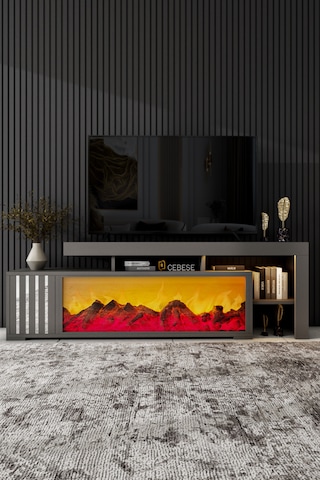 Dekoratif Elektrikli Yapay Şömine Ve Tv Ünitesi 160cm X 52cm Kumandalı Bluetooth Ses Antrasit