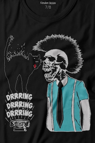 Kendim Seçtim Mohikan İskelet Adam Kara Kedi Nostalji Telefon Zili Baskılı Tişört Çocuk T-shirt 001