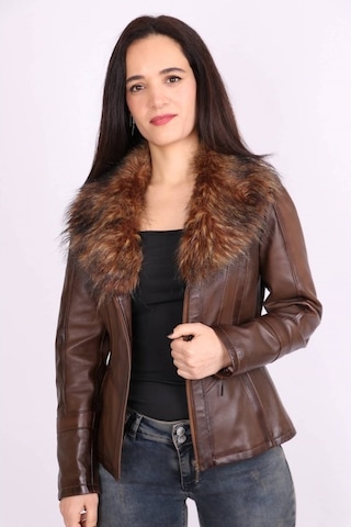 Kahverengi Hakiki Deri Çıkarılabilir Kürk Yakalı Mont Kaban