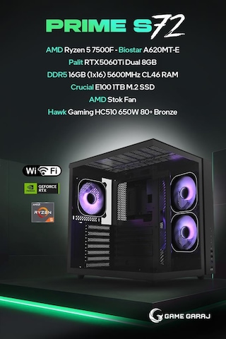 Game Garaj Prime S72 R5-7500F 16 GB 1 TB SSD RTX5060Ti Free Dos Oem Paket Masaüstü Oyuncu Bilgisayarı