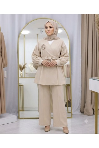 Lovie Moda Gül Detaylı Pantolonlu İkili Takım Bej